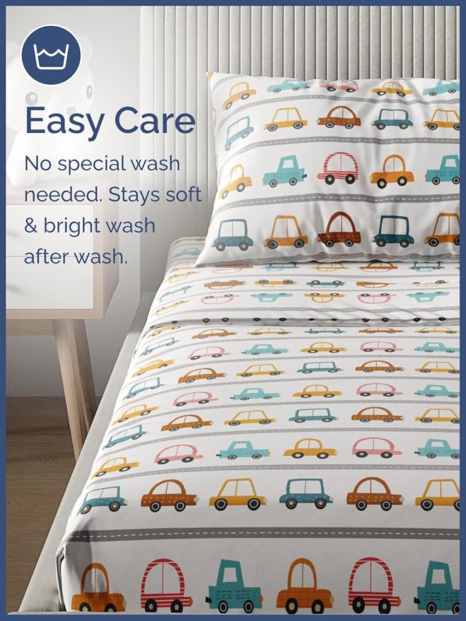 Kids Cars Twin 3 Piece Sheet Set - Boys, Girls, Teens, Toddler - Easy Fit, Deep Pockets - Breathable, Hotel Quality Bedding Sheets - Machine Washable & Wrinkle Free - Cute, Cozy & Soft - CGK Linens