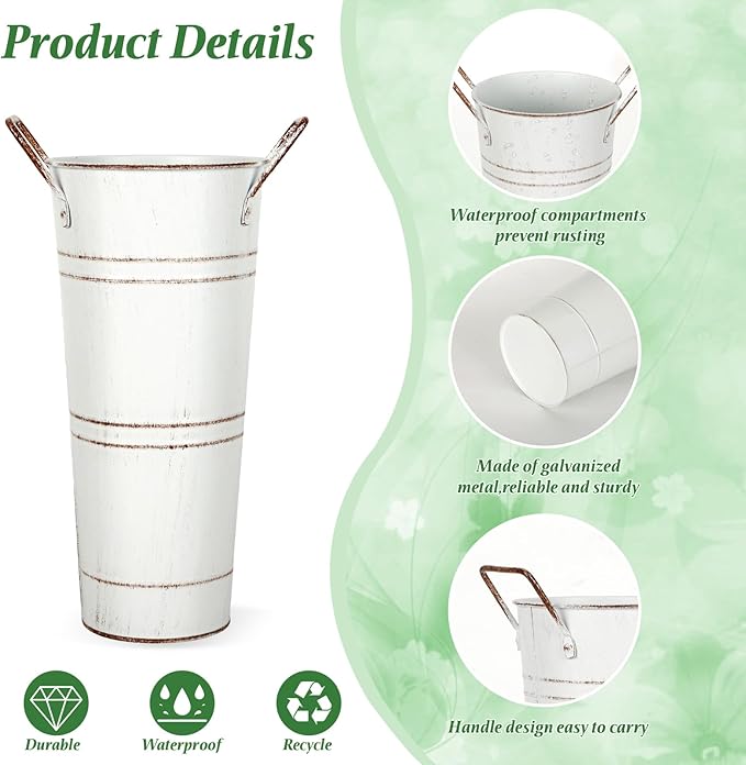 9 Inch High Galvanized French Bucket Vase with Handle 6Pcs White Metal Farmhouse Flower Vases Ideal for Dried Floral Arrangements at Home for Weddings Gift Spa and Aromatherapy Settings O4