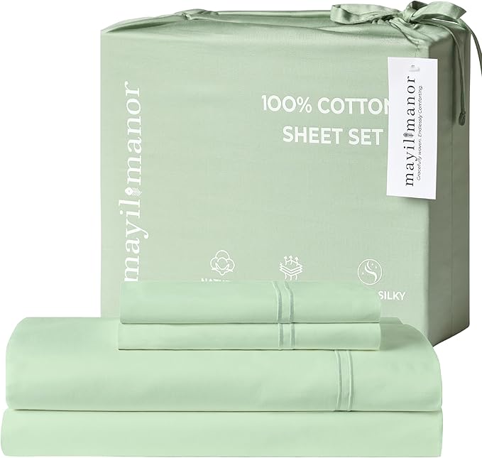 100% Natural Cotton Sheets Queen Size Bed Set | 500 TC Single-Ply Sateen Weave | Soft, Breathable, Hypoallergenic Solid 4-Piece Bedding with Deep Pocket Fitted, Flat, Pillowcase | Sage