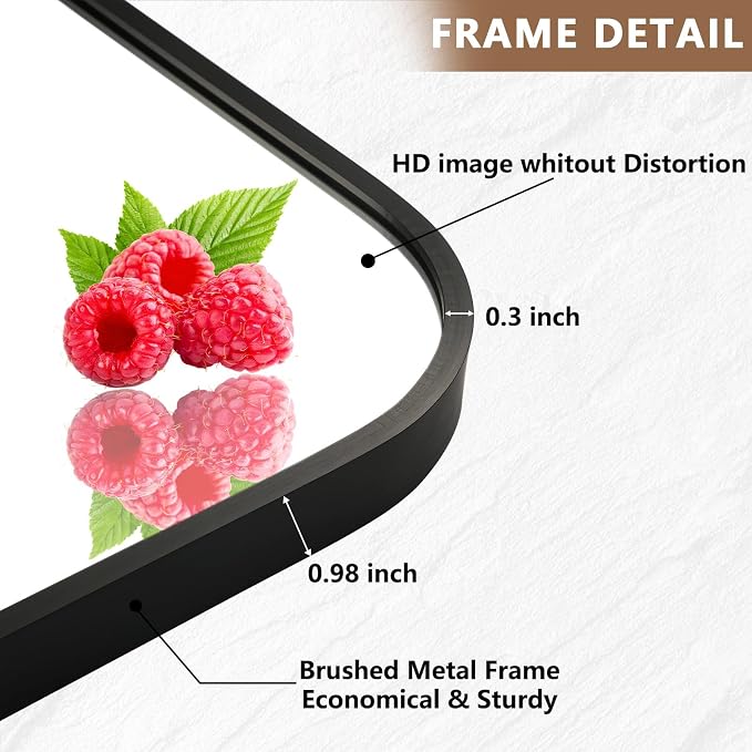 Matte Black Mirror, 30"x36" Rectangle Bathroom Mirror, Metal Frame Rectangle Corner Vanity Mirror, Wall Mounted Mirror for Modern, Living Room, Bedroom, Horizontal Or Vertical