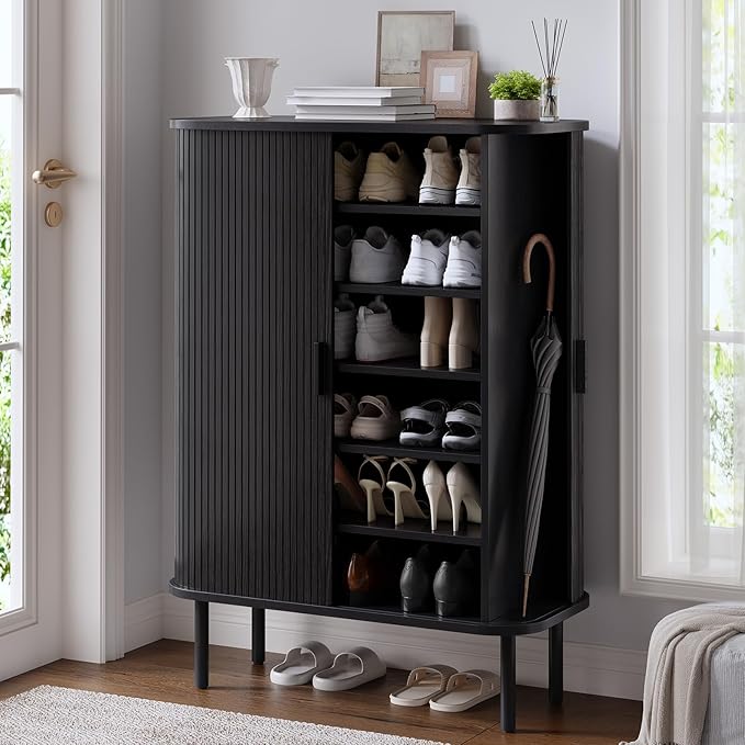 ONBRILL 6-Tier Shoe Cabinet with Sliding Door, Wooden Shoe Storage Cabinet with Adjustable Shelves, Mid-Century Modern Freestanding Shoe Storage Organizer for Entryway, Hallway, Living Room, Black