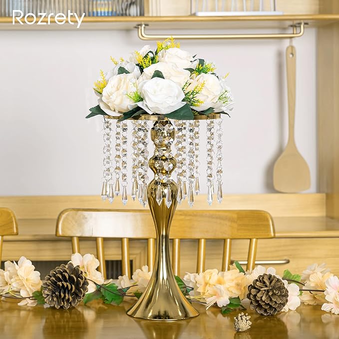 4 Pcs Gold Vases for Centerpieces, 13.5 inch Tall Crystal Flower Stand Wedding Centerpieces for Tables Decorative Metal Flower Vase for Party Anniversary Ceremony Birthday Event Home Decor