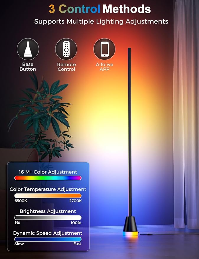 Corner Floor Lamp, Smart RGB Lamps for Living Room Bedroom, APP & Remote Control Tall Standing LED Lights, 16 Million DIY Colors Modern Ambient Lighting with Music Sync & Timer, Jet Black