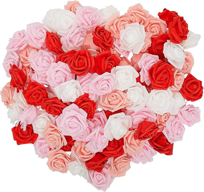 Bright Creations Colorful Foam Rose Heads - 100-Pack, 3 x 3 x 1.25 in, Mixed Pink White Red - Artificial Roses Bulk Mixed Color & 3D Foam Craft Flowers - DIY Decoration & Party Decor