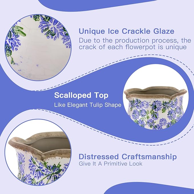 Ceramic-Planters-for-Indoor-Plants with Saucer, 6 inch Vintage Ice Crackle Glaze Plant Pots with Drainage Holes, Decorative Flower Pots for Outdoor Garden Home Decor, Tuscan Pot for Plant