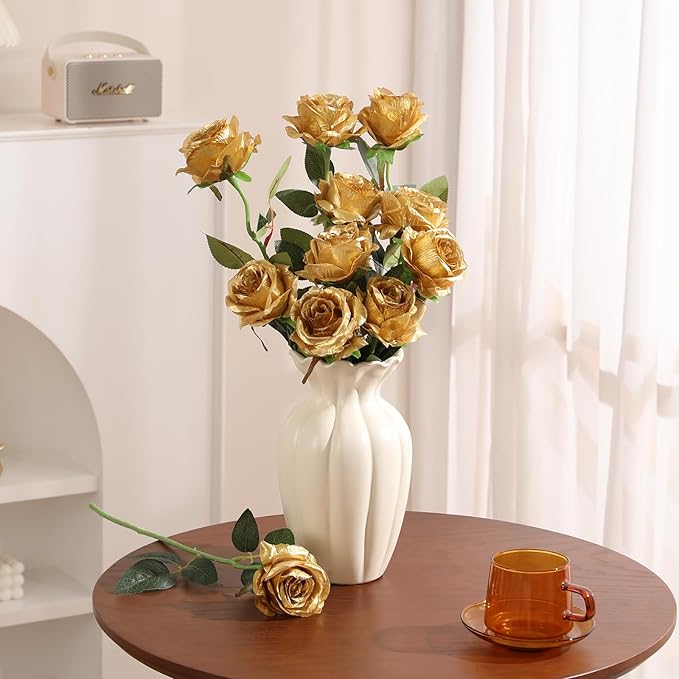 Veryhome 10 Pcs Artificial Gold Flowers Silk Roses Real Touch Bridal Wedding Bouquet Gold Rose for Christmas Home Garden Party Floral Decor