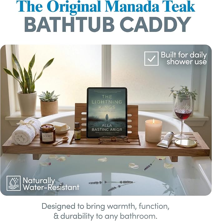 AquaTeak 30" Manada Teak Bathtub Tray Caddy - Durable, Water-Resistant Bath Tray for Tub with Foldable Book & Tablet Stand - Fits Standard Soaking Bathtubs - Bathroom Accessories for Spa