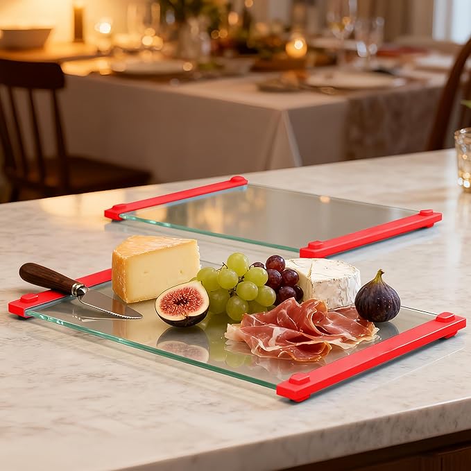 2PCS Glass Cutting Board with Silicone Grip, 80% Stronger Shatter Resistance and Slip Resistance,No Scratches/Microplastic-Free,Dishwasher Safe, Non Toxic Chopping Board for Kitchen (Red)