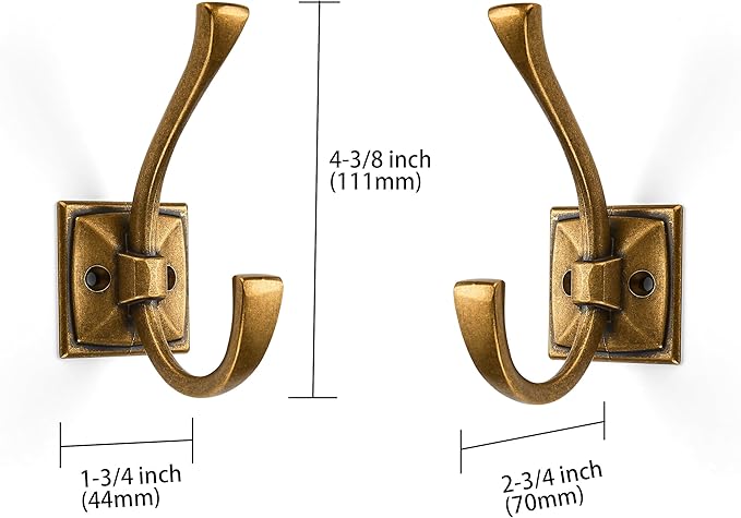 Large Antique Brass Coat and Towel Hooks - 10 Pack 4.35 Inch Double Robe Hooks for Key, Towel, Bags, Cup, Hat