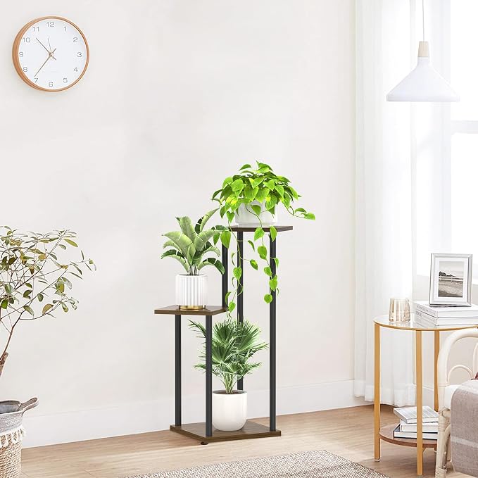 Oppro 3 Tier Plant Stand Indoor Outdoor, Wood Metal Flower Shelf Pot Holder Clearance, Tall Multiple Plants Corner Rack Aesthetic Organizer for Patio Orchid Office Porch Living Room Garden, Black Oak