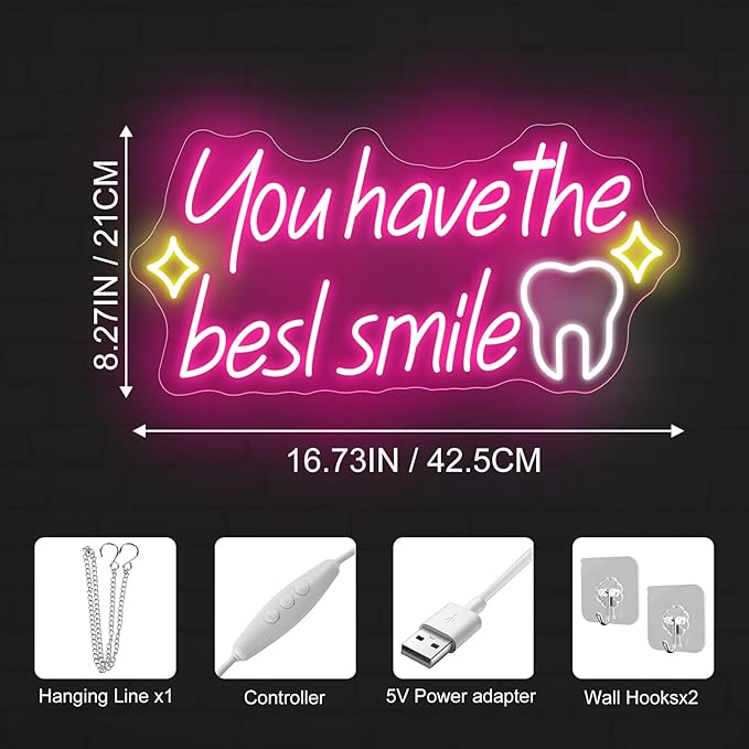 You have the best smile Neon sign, Wall Decor Dimmable Smile Neon Light Business Logo Sign, Dental clinic sign dental neon light, tooth dental care sign, Tooth & Brush Wall Art, Bathroom Wall Decor