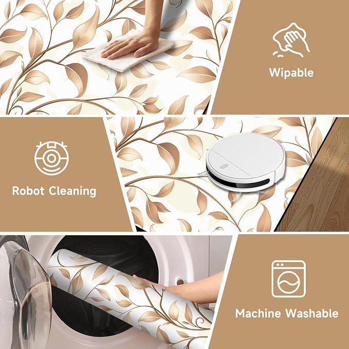 Botanical Leaf Vine Area Rug Beige Floral Branch Print Rug for Entryway Bedroom Living Room Kitchen Home Decor Non-Slip Washable Floor Mat Modern Farmhouse Carpet,2'x3'