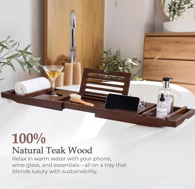 Expandable Teak Wood Bathtub Tray Caddy with Wine Glass Holder – Adjustable Luxury Wooden Bath Tub Tray Table for Spa, Book, Tablet & Bathroom Accessories