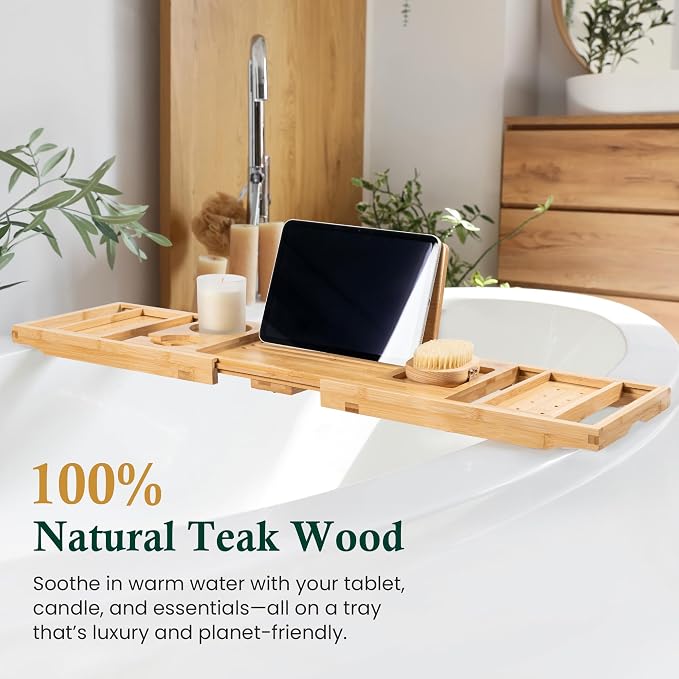 Bamboo Bathtub Tray, Bath Caddy with Wine Glass Holder, Phone Dock & Book Stand | Hands-Free Reading & Ultimate Spa Relaxation Experience-Natural