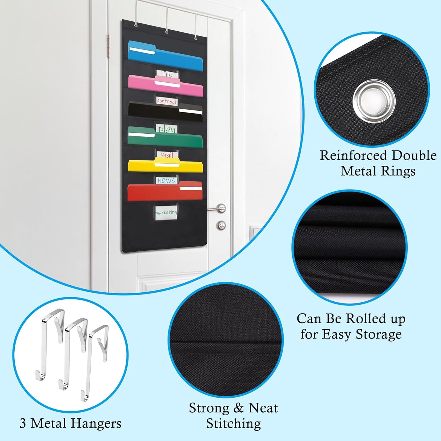 VZCPYTPM Wall File Organizer - Black 6-Pocket Hanging Design for Classroom, Office, Home