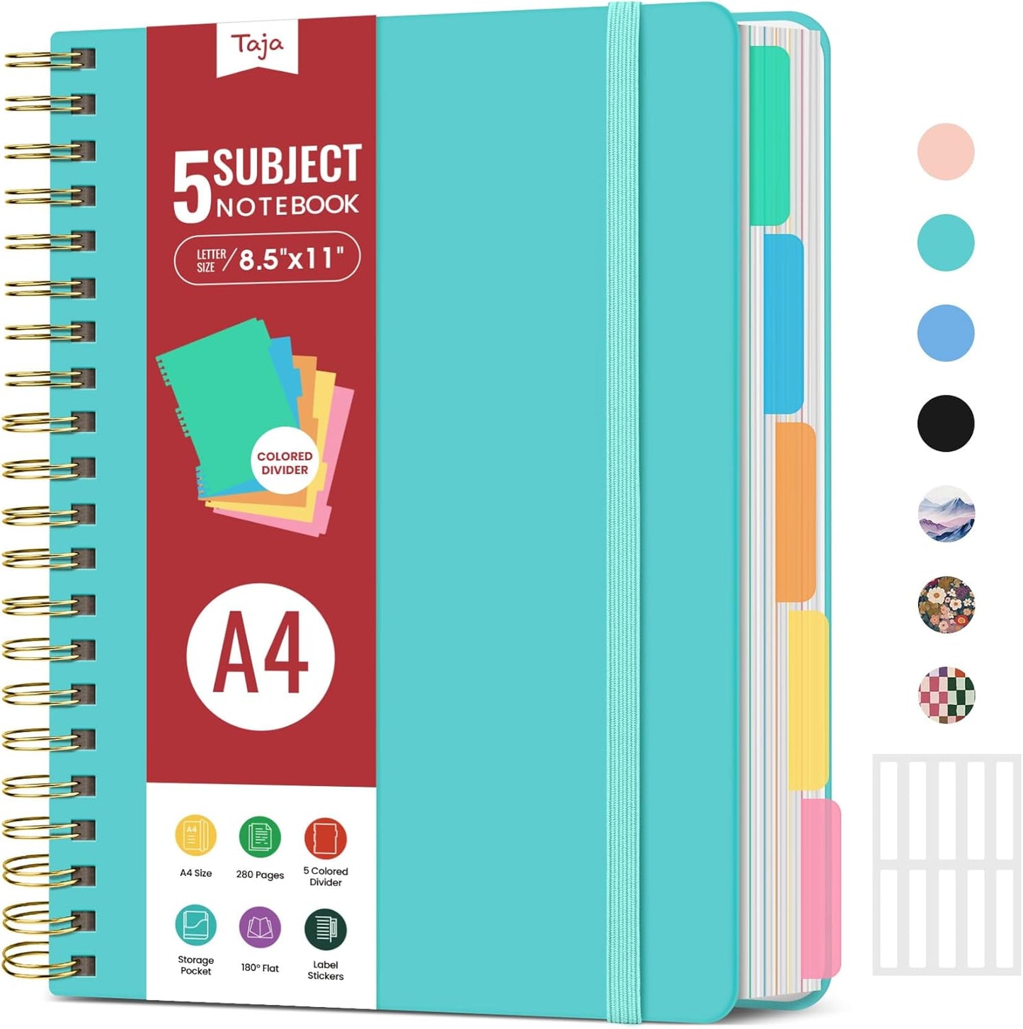 Skiennix Hardcover Spiral Journal - 5 Subject Notebook with Removable Dividers & Tabs | Aquamarine, 280 Pages, A4 College Ruled