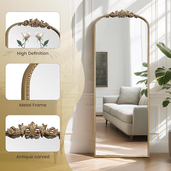 WallBeyond Arched Full Length Mirror Wall Mounted, 21x56 Inch Gold Antique Mirror, Vintage Metal Frame Full Body Mirro for Bedroom, Living Room, Hanging or Leaning