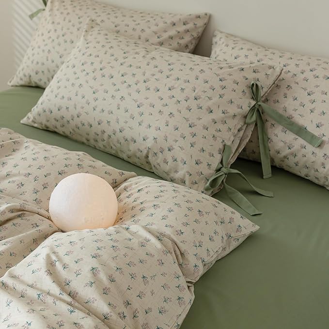LifeTB Green Floral Comforter Set Queen Vintage Coquette Bedding Comforter for Girl Women Floral Botanical Comforter with 2 Bow Ties Pillowcases Cottagecore Bedding Flowers Comforter Set Queen Size