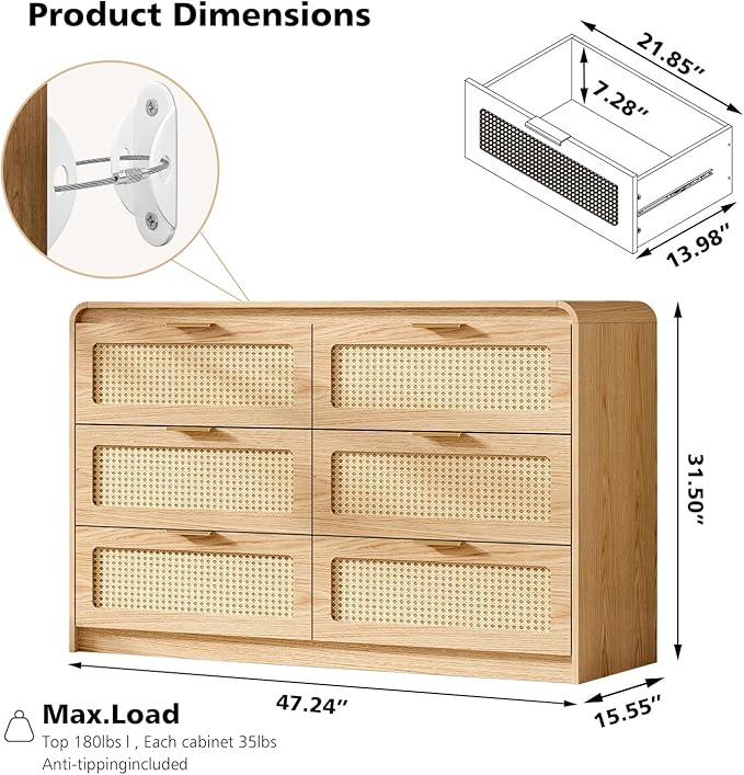 Mid Century Modern Dresser,Rattan 6 Drawers Dresser for Bedroom, 47" Wide Wood Dressers & Chests of Drawers/Curved Profile Design, Natural Texture for Bedroom, Living Room, Natural