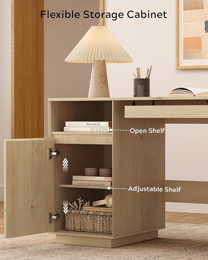 59" Farmhouse Office Desk, Wide Home Executive Desk with File Drawer & Open Storage & Power Outlet, Wooden Computer Desk for Study Writing, Light Oak