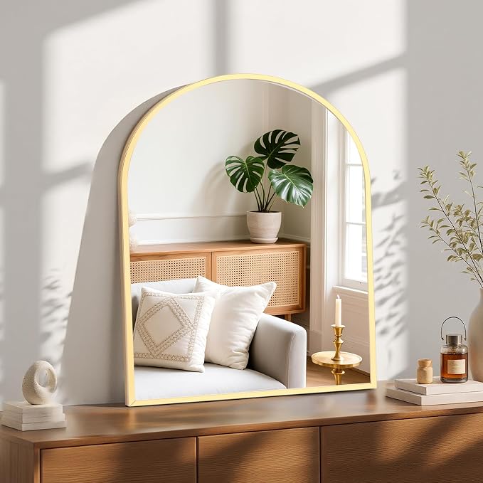 NEWBULIG 32X30 Inch Arched Bathroom Mirror for Wall, Vanity Bathroom Mirrors for Over Sink Tempered Glass, Anti-Rust Arched Metal Framed, Hangs Horizontally or Vertically, Farmhouse Home Decor, Gold
