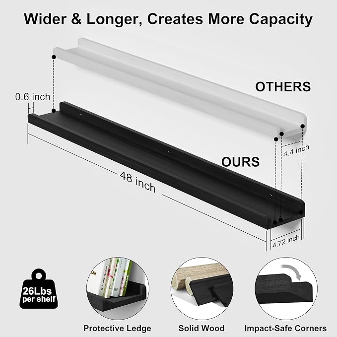 Love-KANKEI 48 Inch Long Floating Shelves Wall Mounted Set of 2, Large Wood Wall Shelves for Storage, Rustic Hanging Shelves for Display,Bedroom Living Room Bathroom Kitchen Office Black