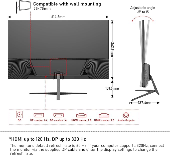 Gawfolk 27 inch IPS 2K QHD(2560×1440) PC Screen,320Hz Gaming Computer Monitor, 1ms Without Bezel, FreeSync,120% sRGB, HDMI2.0、DisplayPort, 75 * 75MM Wall Mount Compatible - Black
