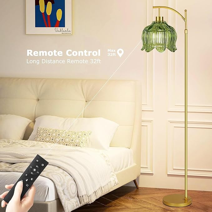 QIYIZM Glass Floor Lamp for Living Room,Bedroom,Gold Dimmable Standing Lamp with Remote,Mid Century Modern Brass Tall Lamp Boho Vintage Floor Lamps Arc Green Tulip Flower Floor Light Lamp Bohemian