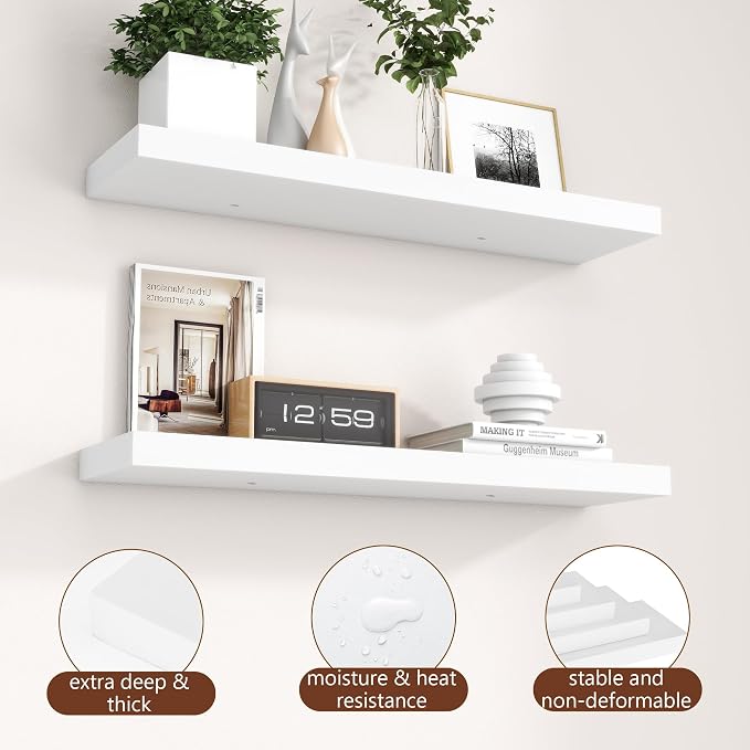 fuqing 30 Inch Floating Shelves for Wall, White Wood Floating Shelves Set of 2, 30'' Long Wooden Wall Shelves for Living Room Bedroom Bathroom Home Office - White