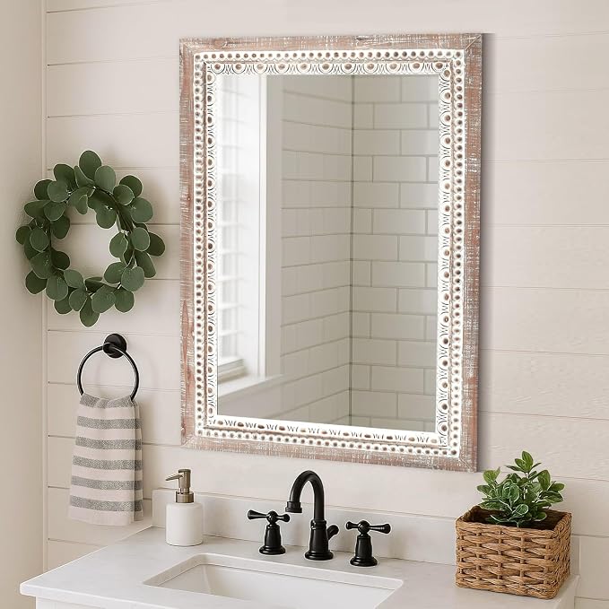 24'' Rectangular Wall Mounted Mirror, Wood Decorative Mirrors, Boho Mirrors with Beaded Frame, Rustic Vanity Mirror, Distressed Mirror for Bathroom, Living Room, Bedroom, Entryway