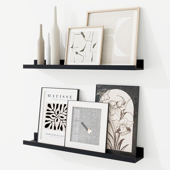 RICHFOCUS Picture Ledge Shelf, 24 inch Floating Shelves Set of 2, Wood Wall Shelves with Lip, Wall Decor Storage for Bedroom Living Room Bathroom Kitchen Nursery Photo Picture, Black