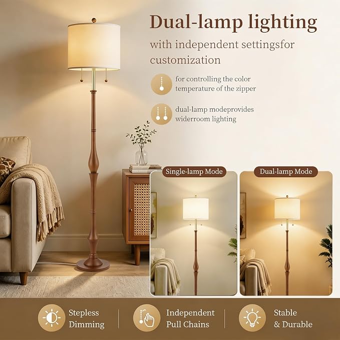 67.5'' Rustic Wooden Floor Lamp with Linen Shade, Farmhouse Floor Lamp for Living Room, Bedroom & Reading Nook, 3-Color Adjustable Tall Lamp with Pull Chain (Walnut)