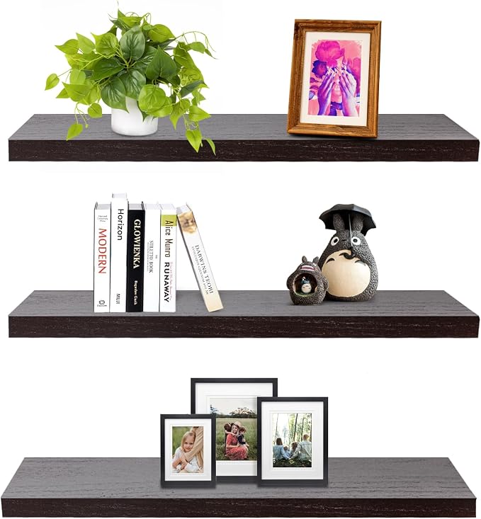 SAUMONIERES Floating Wall Shelves for Bedroom Bathroom Wall Mounted Solid Wood Shelf 24 Inch Set of 3, Espresso