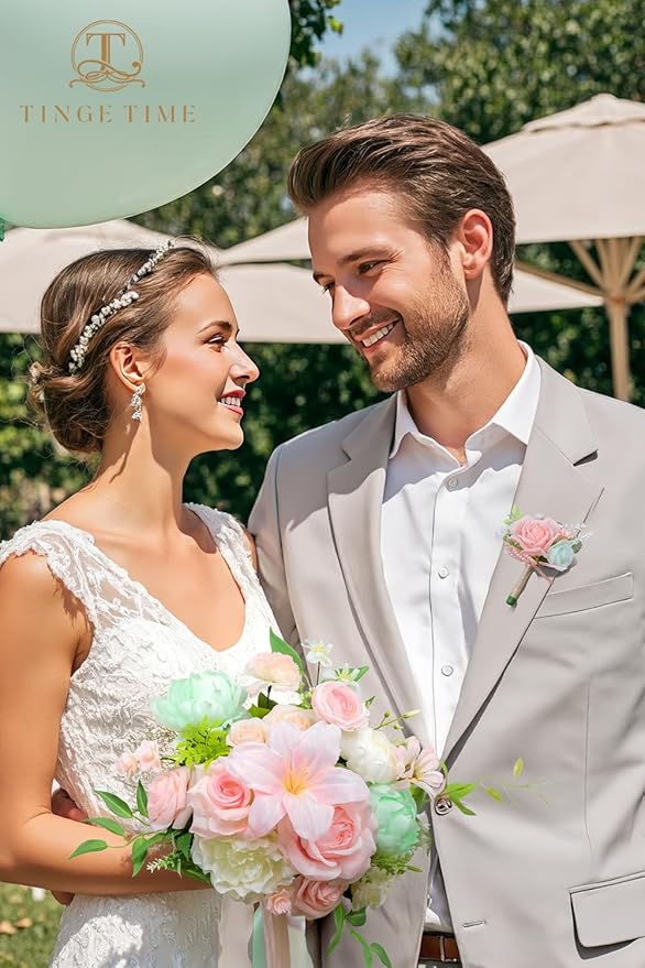 TINGE TIME Wedding Bouquets for Bride, 9 Inch Handcrafted Silk Bridal Flowers Bouquets for Wedding Ceremony, Gift for Bridesmaid, Bouquet for Party Church Decoration,and Romance Gifts (MintGreen&Pink)