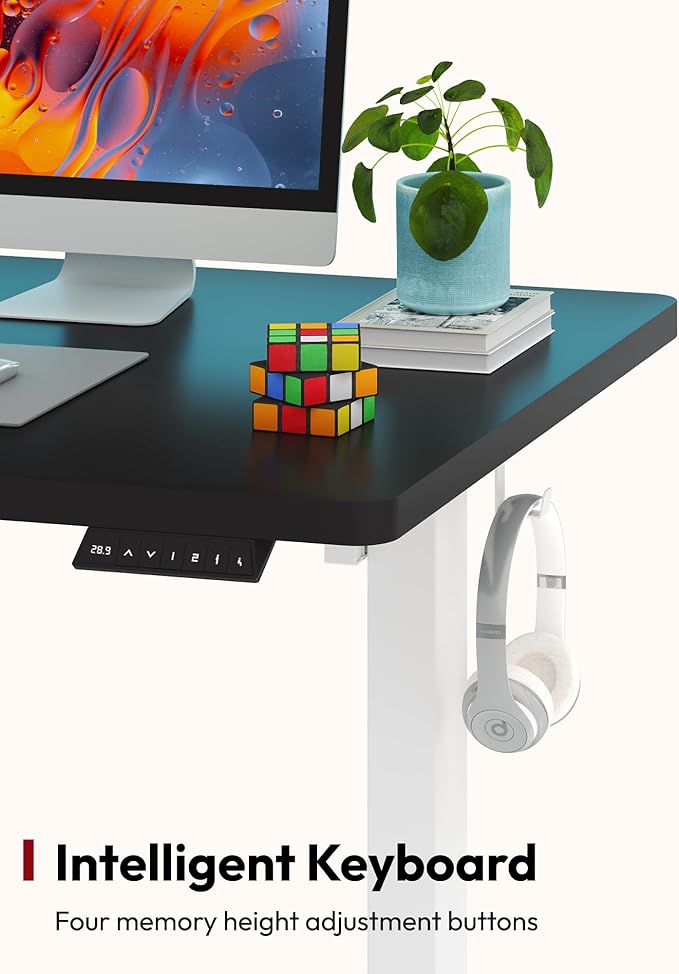 SANODESK Electric Standing Desk 55 x 28 Inches Whole-Piece Desktop Height Adjustable Stand Up Desk w/6-Button Controller Ergonomic Computer Desk for Home Office, White Frame + Black Tabletop