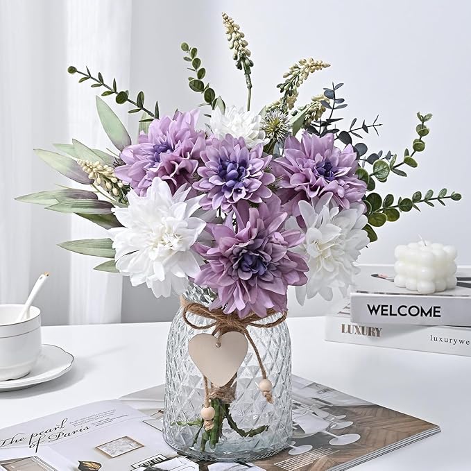 MARTINE MALL Fake Flowers in Vase with Lights, Faux Flowers in Vase, Dahlia Artificial Flowers in Vase Centerpiece Table Decorations Artificial Flower Arrangement for Home Dining Room Farmhouse