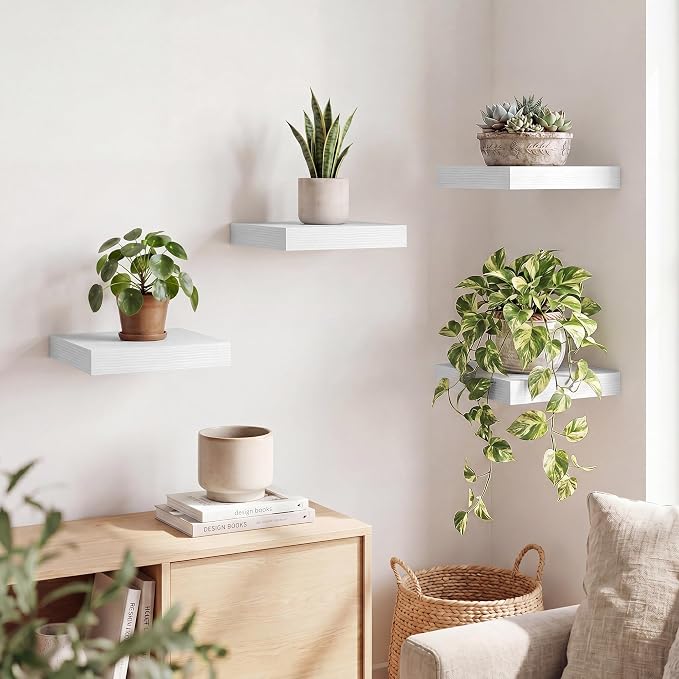 RICHFOCUS 8 Inch Floating Shelves for Wall Small Square Shelves Set for Bedroom|Kitchen|Bathroom|Laundry Room Rustic Wood Wall Mounted Shelf with Invisible Brackets for Books|Storage|Decor, White