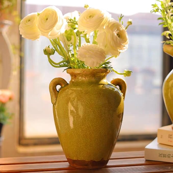 8 Inch Vintage Ceramic Vase, Rustic Chinoiserie Flower Vase Farmhouse Decorative Vases for Home Decor, Ice Cracked Glazed Terracotta Vases for Table Centerpiece Living Room Shelf Decor
