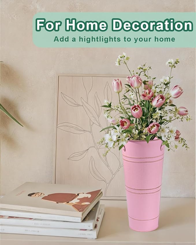 9 Inch Galvanized Metal Vases for Flowers - 6 Pcs Farmhouse Decorative Tall Flower Bucket with Handles, Rustic French Tin Planter Buckets for Wedding Decor (Pink)