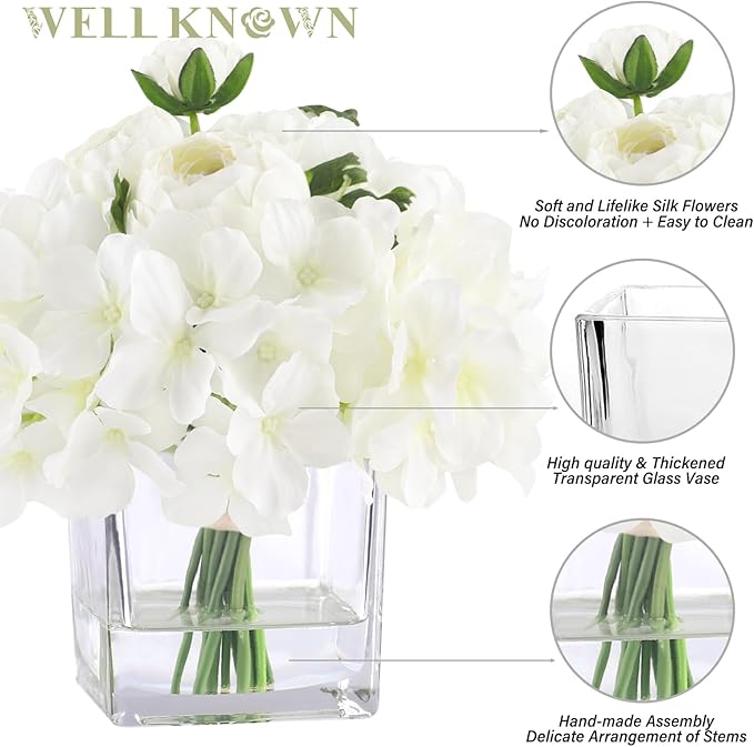 WELL KNOWN Fake Flowers in Vase, Hydrangea Ranunculus Artificial Flowers with Vase, Silk Faux Floral with Faux Water Arrangements Centerpiece for Office Dining Table Home Hotel Wedding Decor (White)