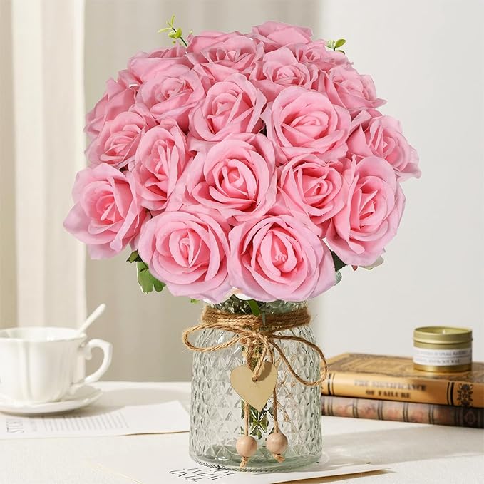 20PCS Artificial Roses with Long Stems - Realistic Silk Flowers, Fake Roses Real Touch Bouquet of Roses for Home Decor, Bridal Wedding Party Table Centerpieces, Bulk Faux Rose Flowers (Pink)