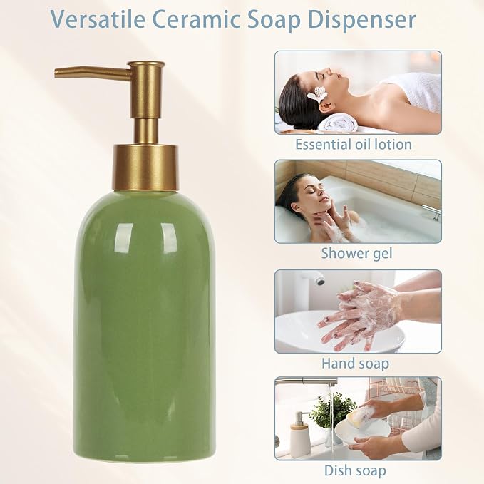 Natheeph 14OZ Ceramic Soap Dispenser Ceramic Soap Pump Dispenser Can Fill Liquid for Bathroom/Kitchen (2PC Green)
