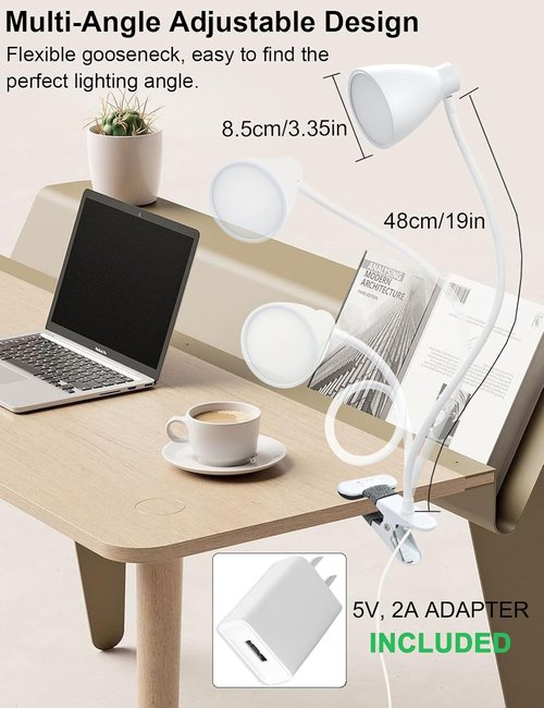BOHON Clamp Lamp - 5 Color Modes & 10 Brightness Levels - 10W 38 LED Desk Light with Flexible Gooseneck - White