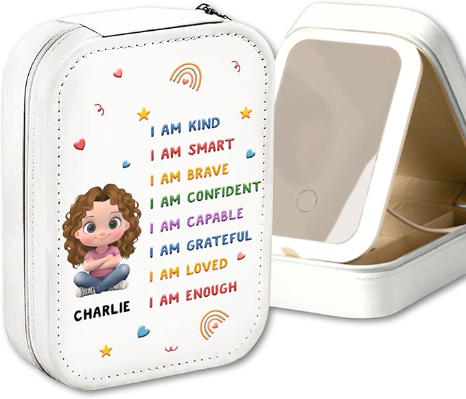 Wrappiness Girls & Women Lovely Makeup Box With LED Mirror - Personalized Jewelry Box Organizer Portable Ideal for Travel, Gift for Daughters Sisters Friends (Kind Smart Loved, Toddler Girls)