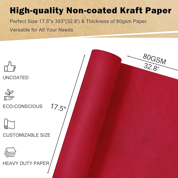 RUSPEPA Red Kraft Wrapping Paper Roll, 17.5"x 393"(32.8'), Recyclable Red Gift Wrap Paper for Christmas Gift Wrapping, Table Covering, Art & Craft Supplies, Mother's Day Bouquet Flower, 80GSM