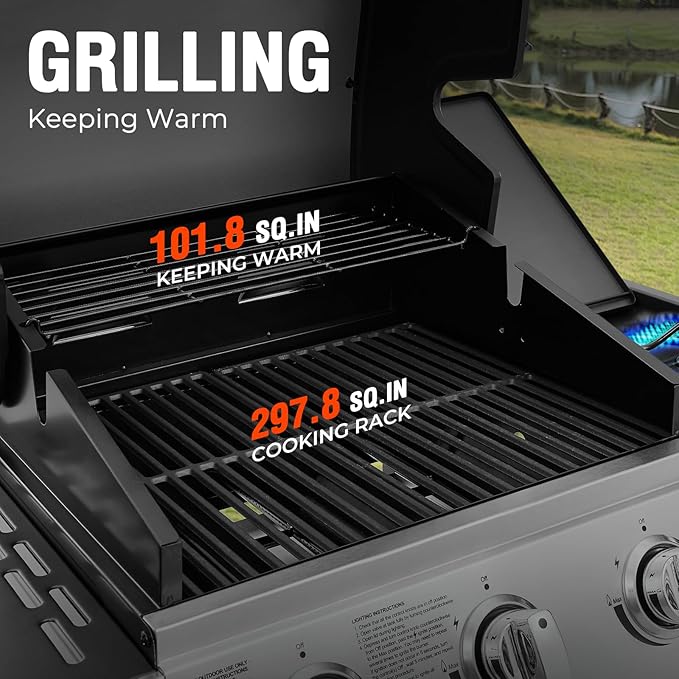 Lyromix 3 Burners Gas Grill with Side Burner, Propane Grill with Wheels and Storage, Outdoor Gas BBQ with Oil Tray and Thermometer for Patio and Party, 37000 BTU