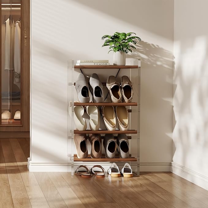 YQJJGL Free Standing Shoe Rack & Closet Shoe Shelf, for Entryway Small Space, Front Door, Garage, 4-Tier Slanted, Solid Wood & Acrylic Frame with Top Shelf Storage