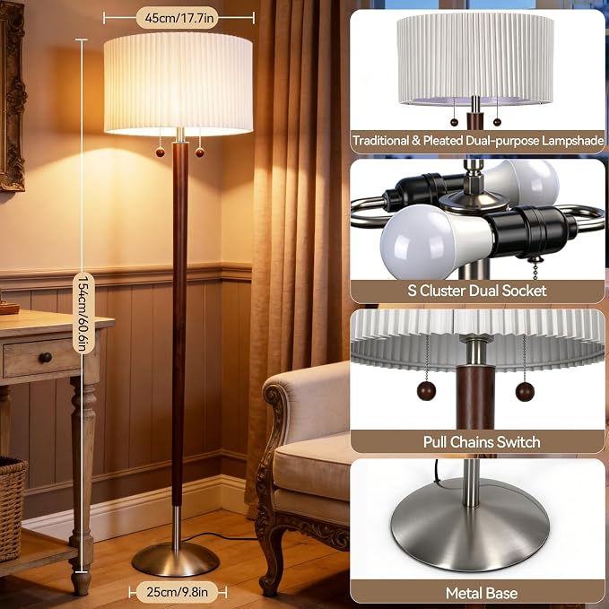 2-Lights Wood Floor Lamp with Pull Chains Dual Switch, Mid-Century Modern Corner Lamp with Pleated Shade, Standing Lamp for Living Room, Bedroom, Office, Reading Room, Dark Walnut Finish