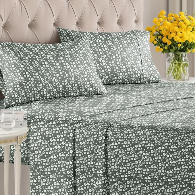 Floral Sheets - Green Floral Bed Sheet Set - 1 Flat, 1 Fitted & 2 Pillowcases w/ Deep Pockets - Comfy, Wrinkle & Fade Free - Boho Botanical Bedding - Ultra-Soft, Breathable & Cooling - Full Size Set