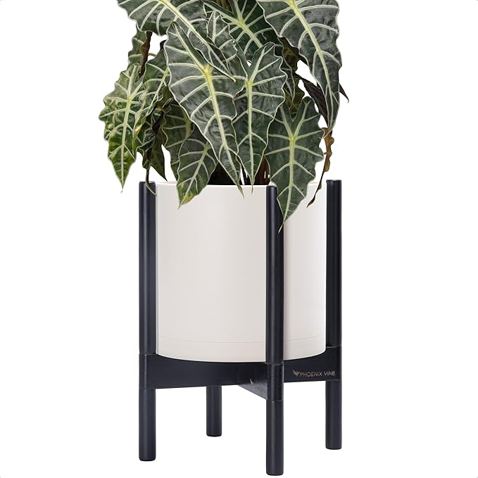 D'vine Dev Planter Pot with Stand - 10 Inch Plastic Cylinder Flower Pot with Wood Planter Holder for Indoor, Oatmeal Pot + Ebony Stand, 55-C-N-4